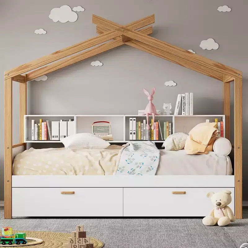 Twin/Full Size House Bed with Trundle or Drawers, Bookshelf, Natural+White