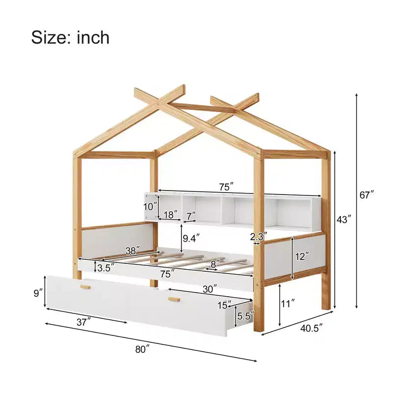 Twin/Full Size House Bed with Trundle or Drawers, Bookshelf, Natural+White