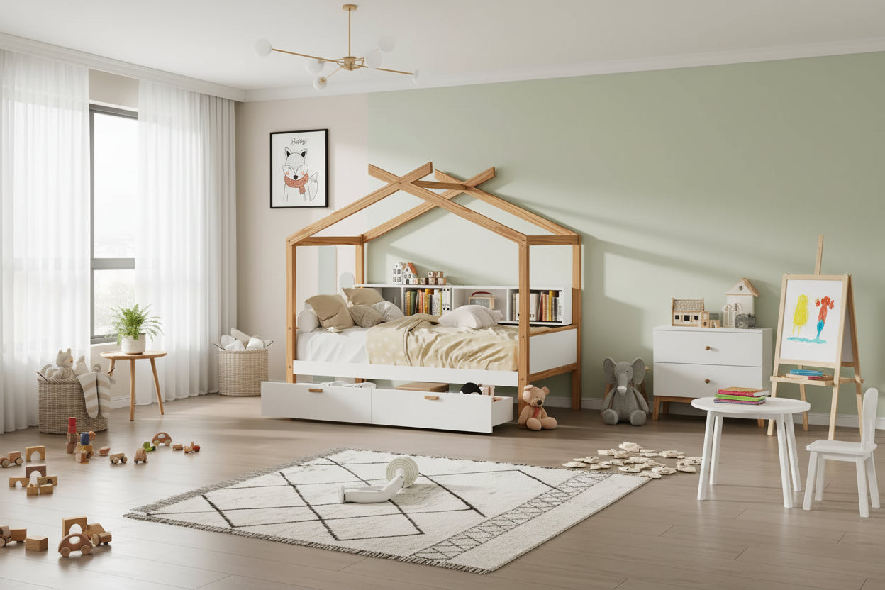 Twin/Full Size House Bed with Trundle or Drawers, Bookshelf, Natural+White