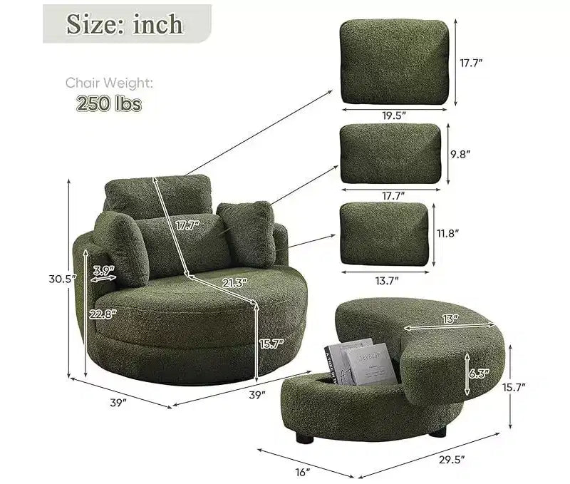 Modern 360 Swivel Boucle Barrel Chair with Storage Ottoman