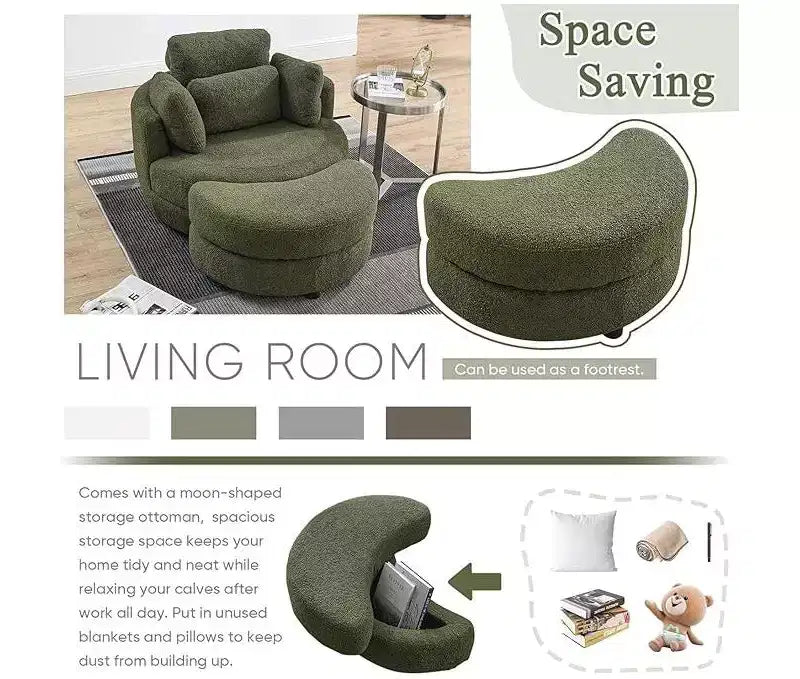 Modern 360 Swivel Boucle Barrel Chair with Storage Ottoman