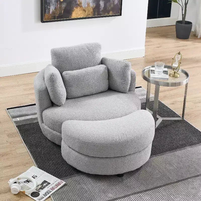 Modern 360 Swivel Boucle Barrel Chair with Storage Ottoman