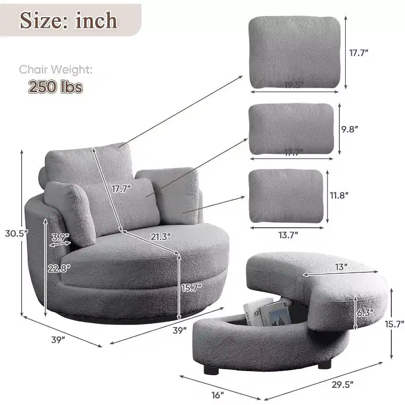 Modern 360 Swivel Boucle Barrel Chair with Storage Ottoman
