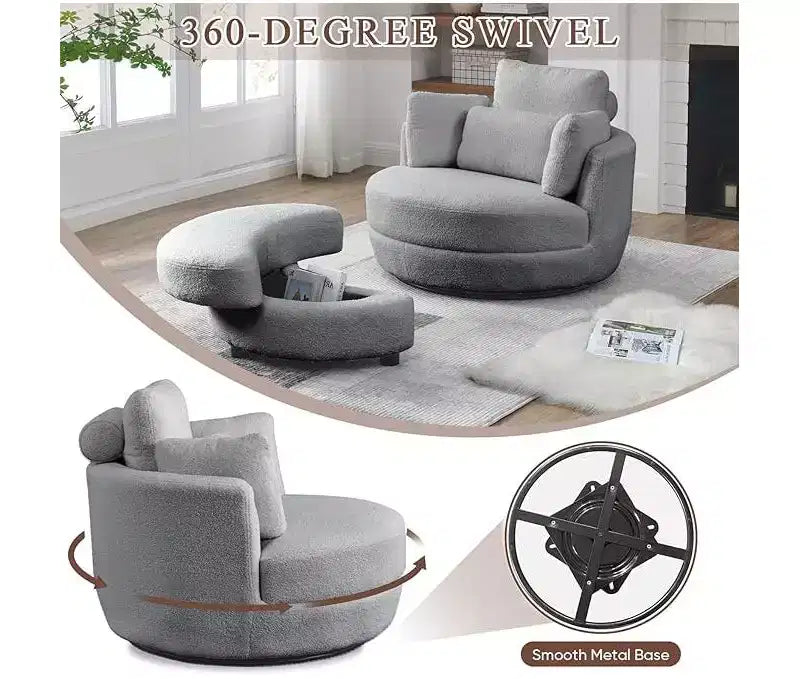 Modern 360 Swivel Boucle Barrel Chair with Storage Ottoman