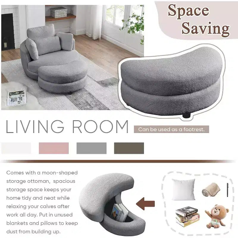 Modern 360 Swivel Boucle Barrel Chair with Storage Ottoman