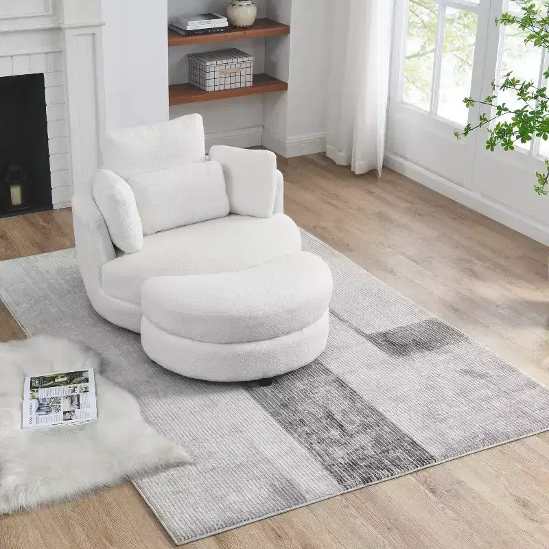 Modern 360 Swivel Boucle Barrel Chair with Storage Ottoman