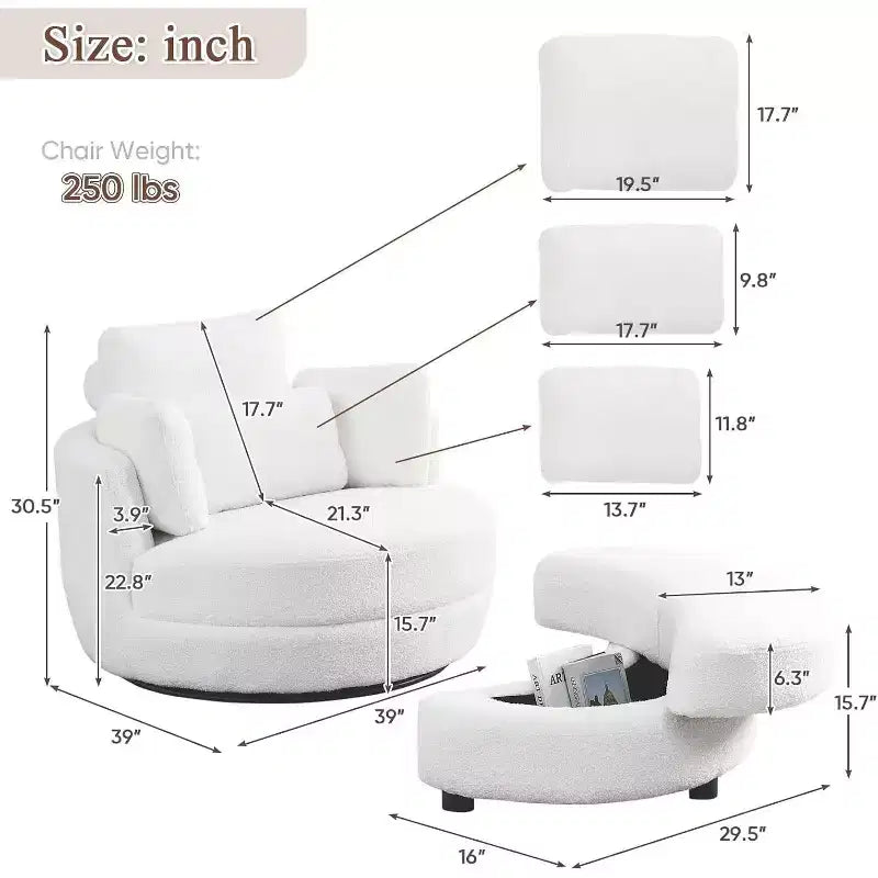 Modern 360 Swivel Boucle Barrel Chair with Storage Ottoman