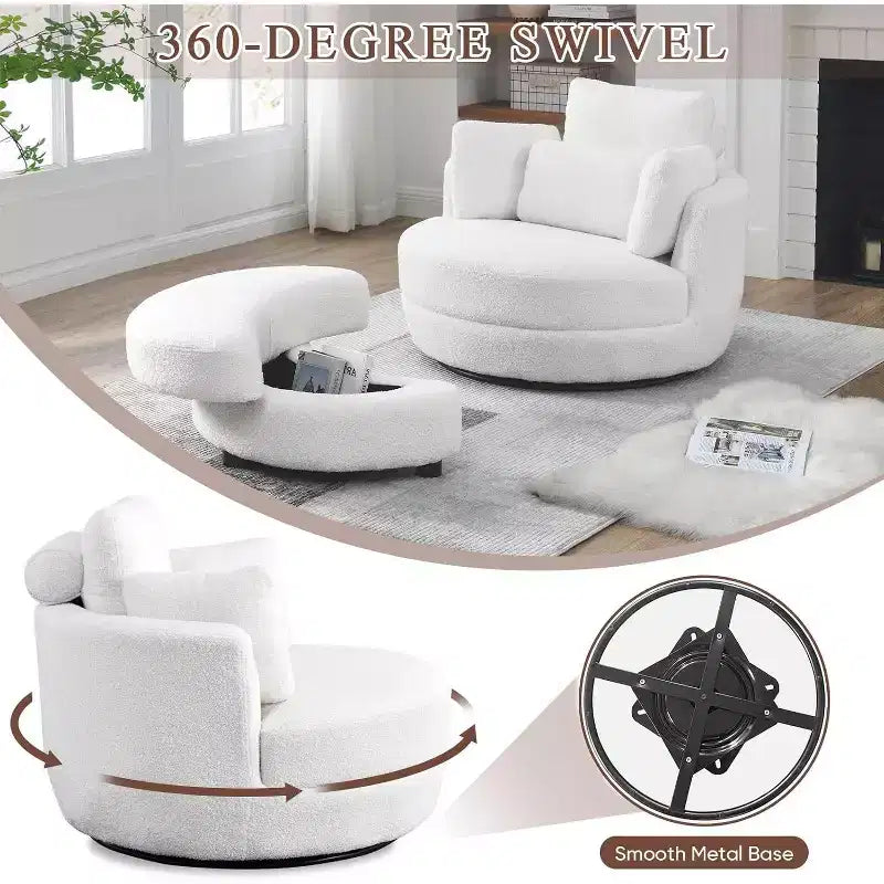 Modern 360 Swivel Boucle Barrel Chair with Storage Ottoman