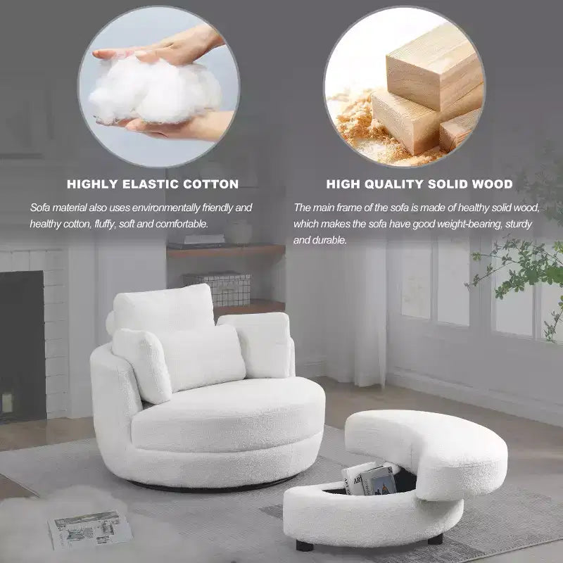 Modern 360 Swivel Boucle Barrel Chair with Storage Ottoman