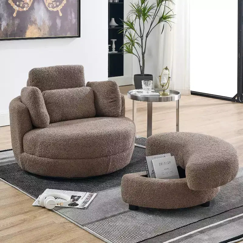Modern 360 Swivel Boucle Barrel Chair with Storage Ottoman