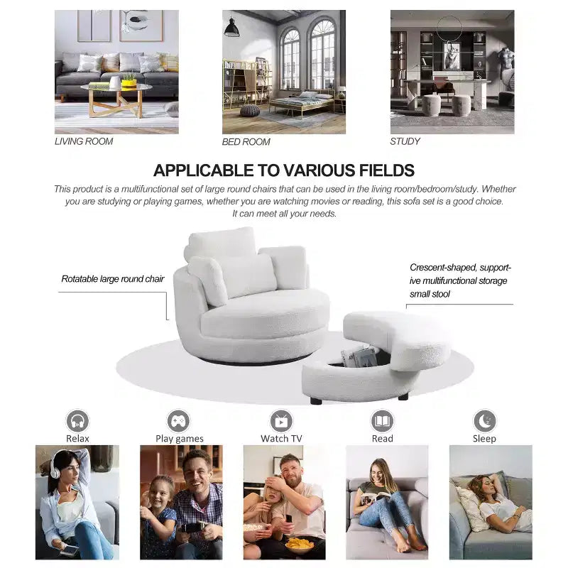 Modern 360 Swivel Boucle Barrel Chair with Storage Ottoman