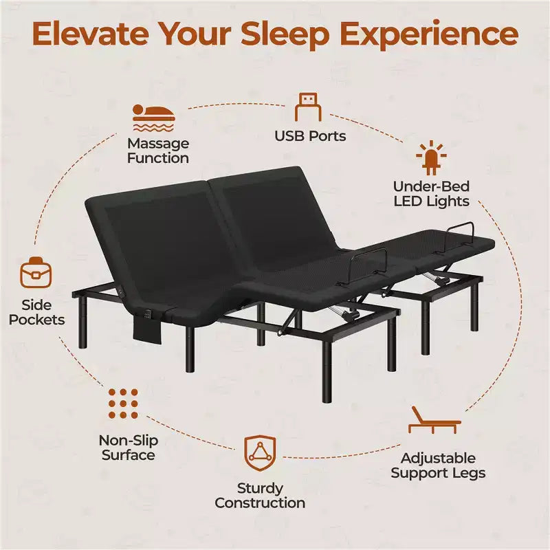 Upholstered Adjustable Bed Base with Head & Foot Incline, LED Lights and USB Ports
