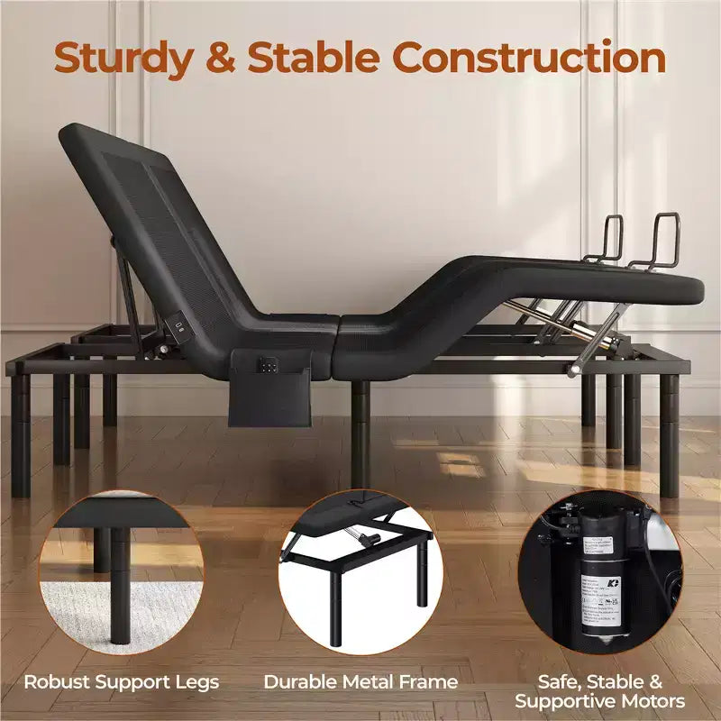 Upholstered Adjustable Bed Base with Head & Foot Incline, LED Lights and USB Ports