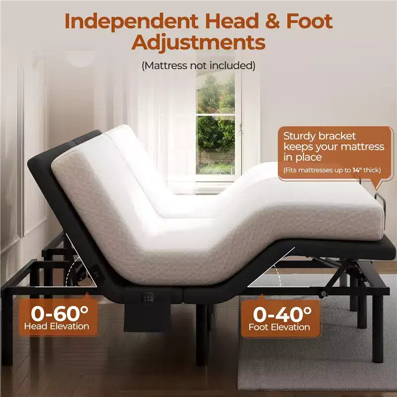 Upholstered Adjustable Bed Base with Head & Foot Incline, LED Lights and USB Ports