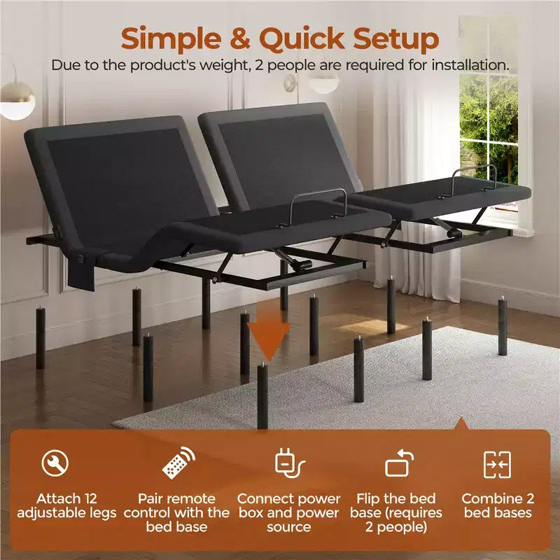 Upholstered Adjustable Bed Base with Head & Foot Incline, LED Lights and USB Ports