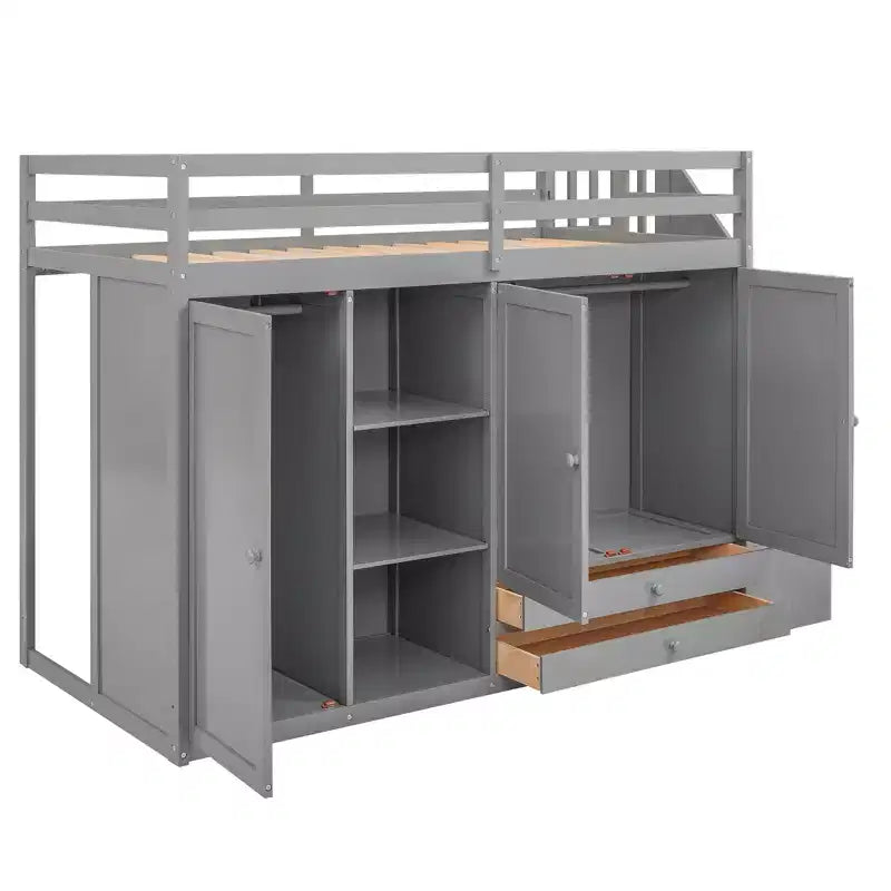 93.3" Functional Loft Bed with Wardrobes, Shelves, Drawers and Storage Ladder