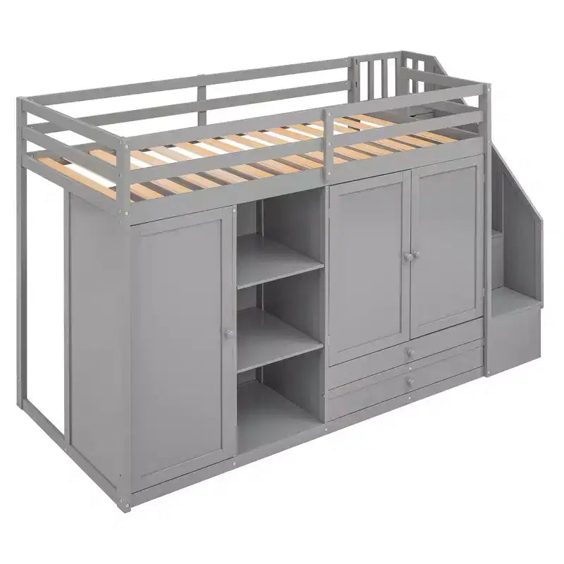 93.3" Functional Loft Bed with Wardrobes, Shelves, Drawers and Storage Ladder