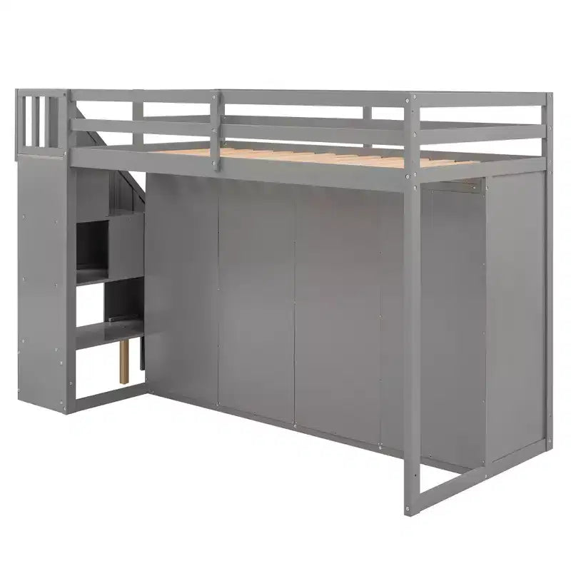 93.3" Functional Loft Bed with Wardrobes, Shelves, Drawers and Storage Ladder