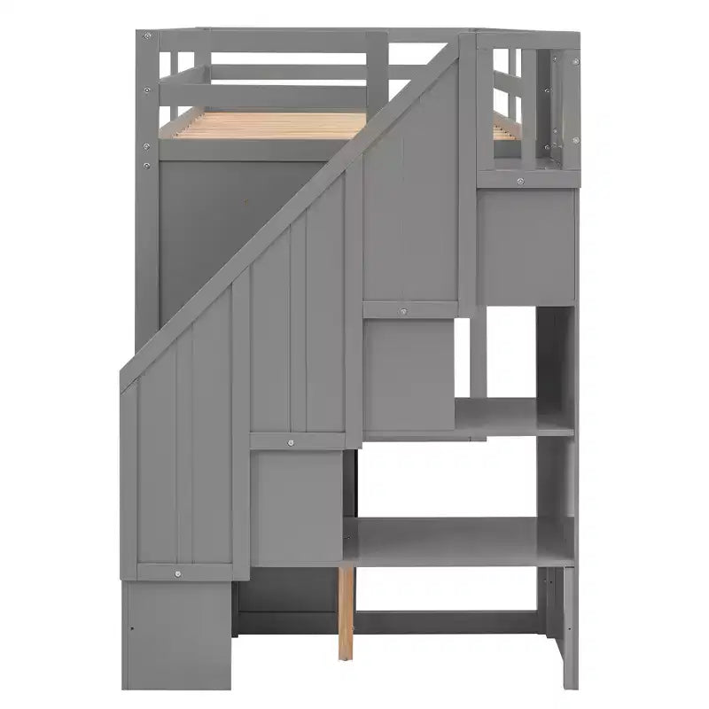 93.3" Functional Loft Bed with Wardrobes, Shelves, Drawers and Storage Ladder