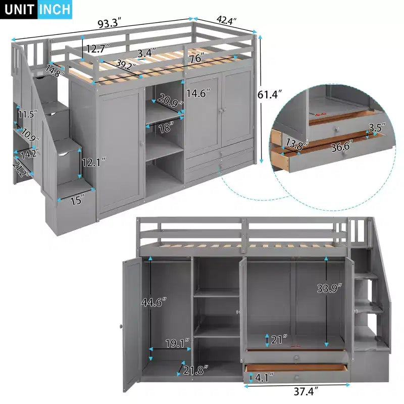 93.3" Functional Loft Bed with Wardrobes, Shelves, Drawers and Storage Ladder