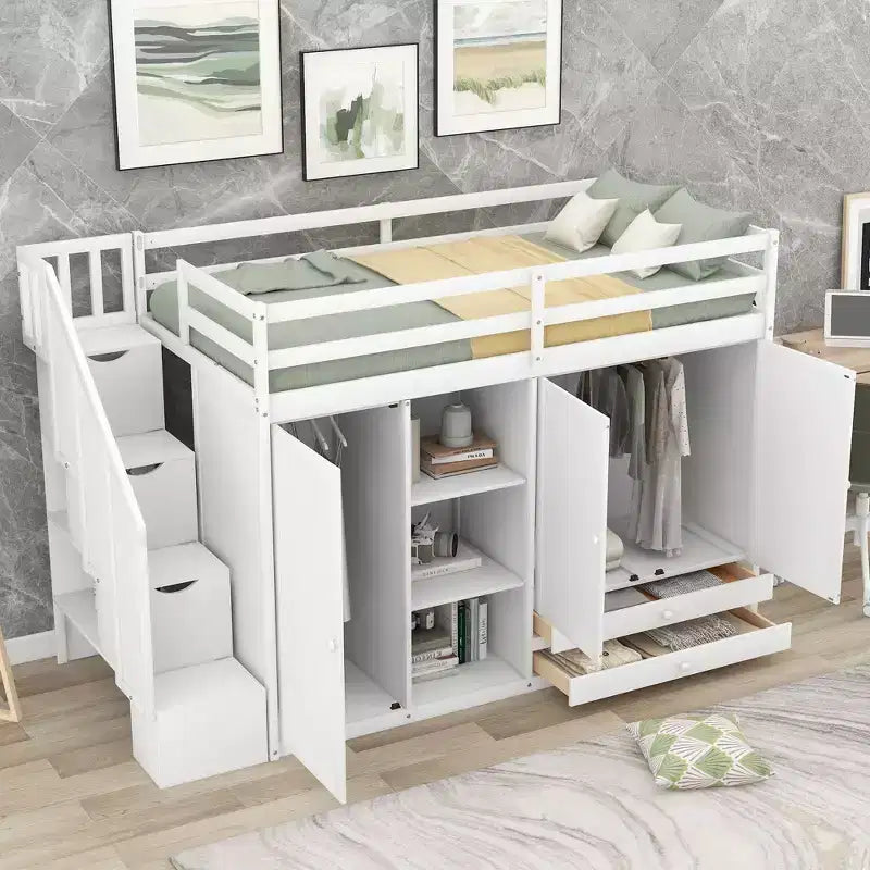 93.3" Functional Loft Bed with Wardrobes, Shelves, Drawers and Storage Ladder