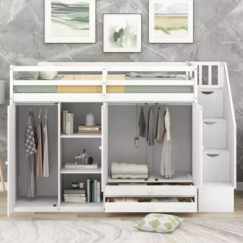 93.3" Functional Loft Bed with Wardrobes, Shelves, Drawers and Storage Ladder