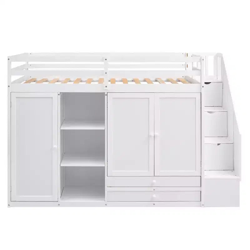 93.3" Functional Loft Bed with Wardrobes, Shelves, Drawers and Storage Ladder