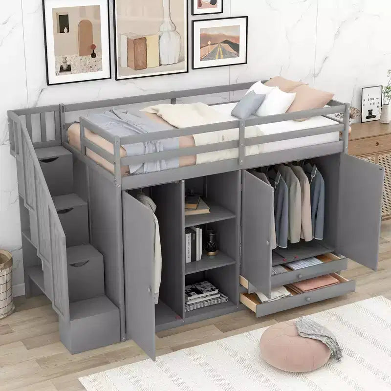 93.3" Functional Loft Bed with Wardrobes, Shelves, Drawers and Storage Ladder