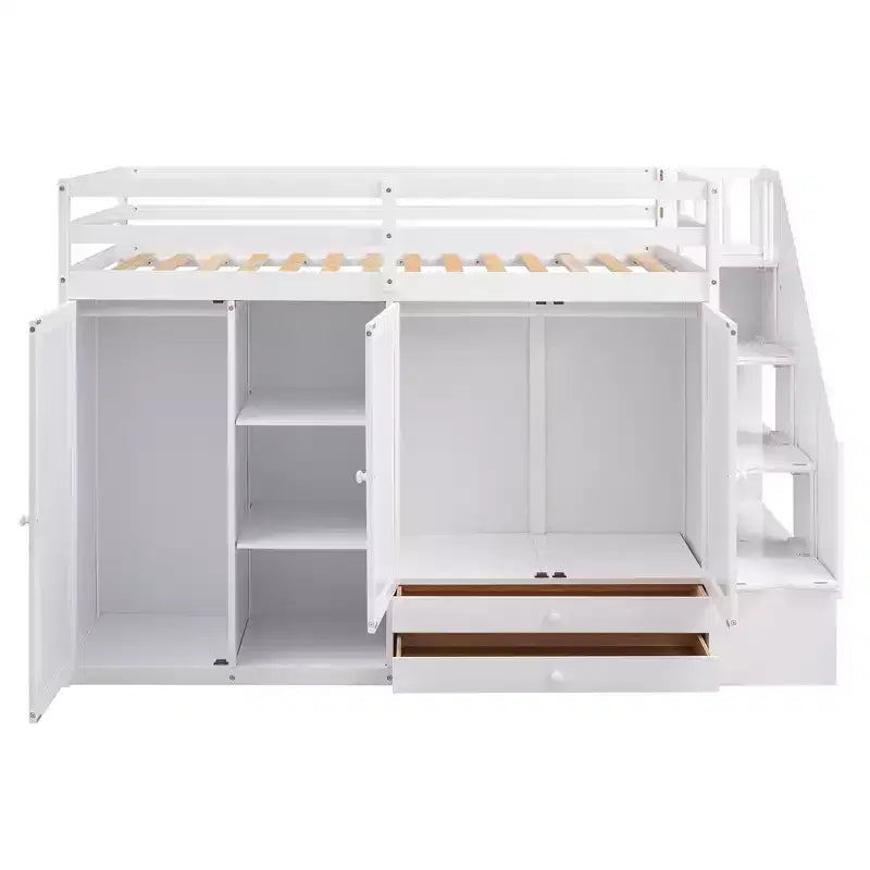 93.3" Functional Loft Bed with Wardrobes, Shelves, Drawers and Storage Ladder