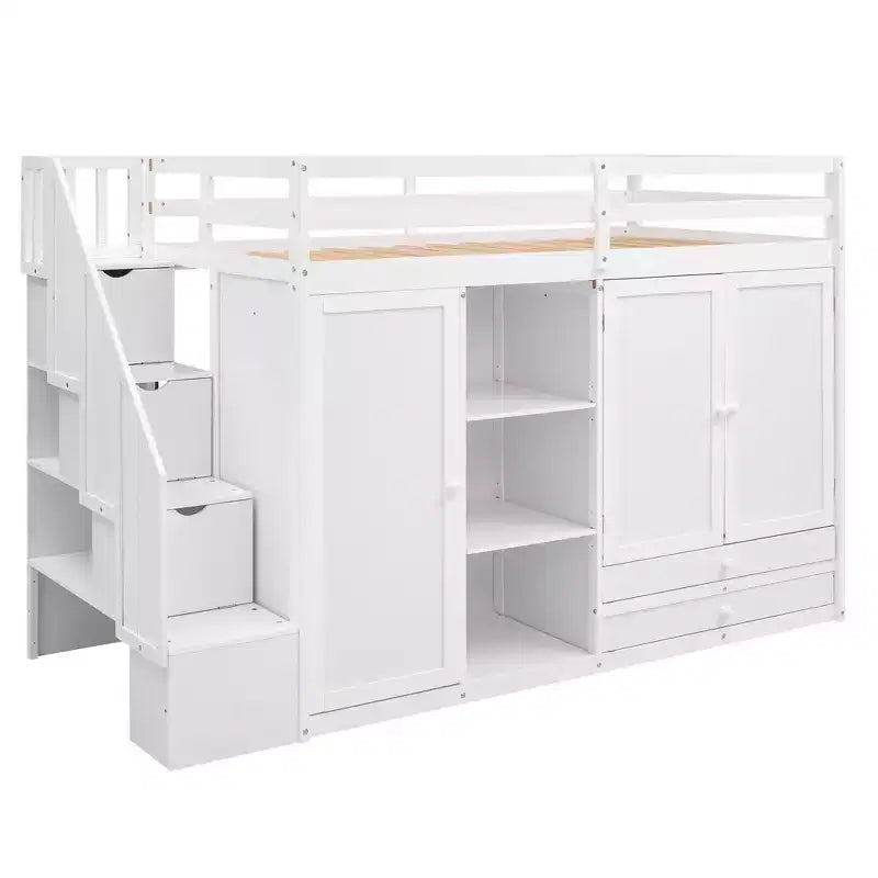 93.3" Functional Loft Bed with Wardrobes, Shelves, Drawers and Storage Ladder