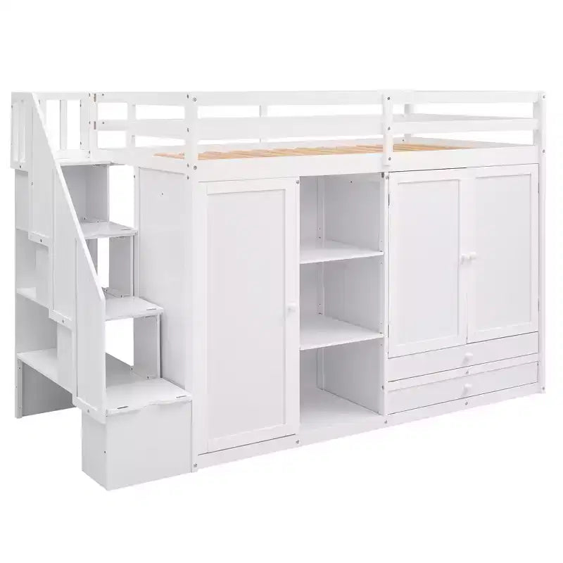 93.3" Functional Loft Bed with Wardrobes, Shelves, Drawers and Storage Ladder