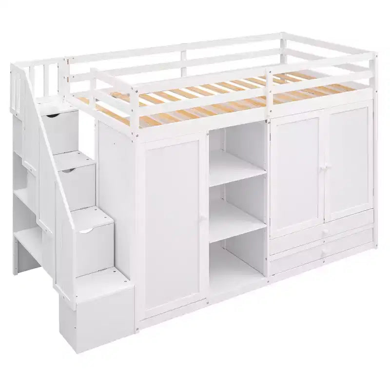 93.3" Functional Loft Bed with Wardrobes, Shelves, Drawers and Storage Ladder
