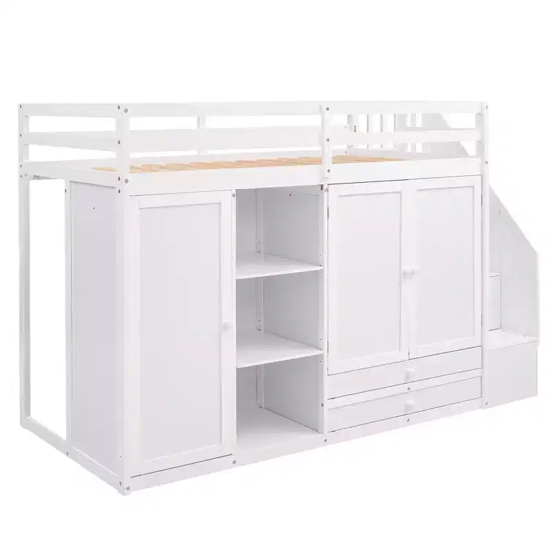93.3" Functional Loft Bed with Wardrobes, Shelves, Drawers and Storage Ladder