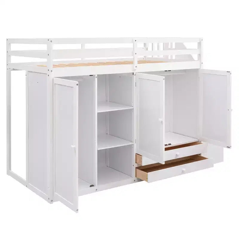 93.3" Functional Loft Bed with Wardrobes, Shelves, Drawers and Storage Ladder