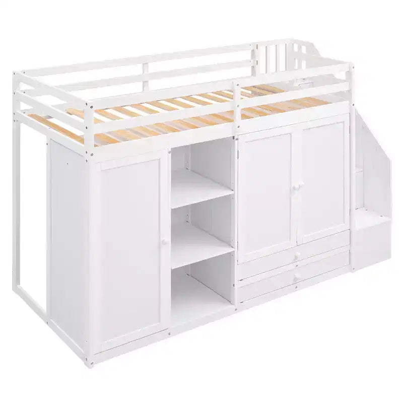 93.3" Functional Loft Bed with Wardrobes, Shelves, Drawers and Storage Ladder
