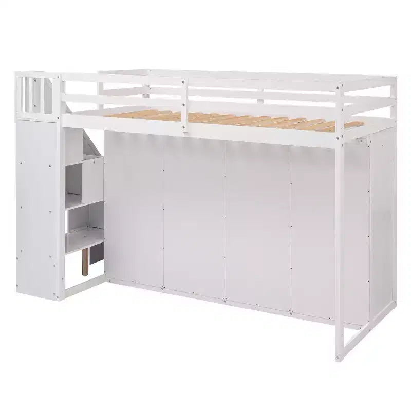 93.3" Functional Loft Bed with Wardrobes, Shelves, Drawers and Storage Ladder