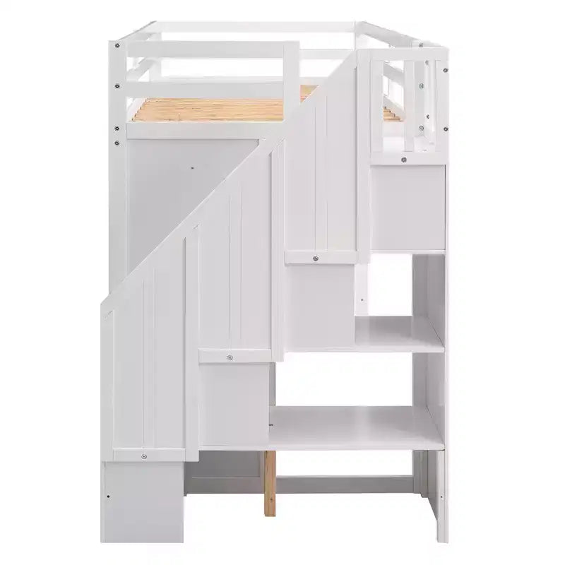 93.3" Functional Loft Bed with Wardrobes, Shelves, Drawers and Storage Ladder