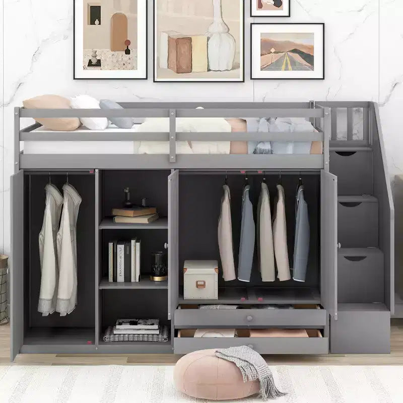 93.3" Functional Loft Bed with Wardrobes, Shelves, Drawers and Storage Ladder