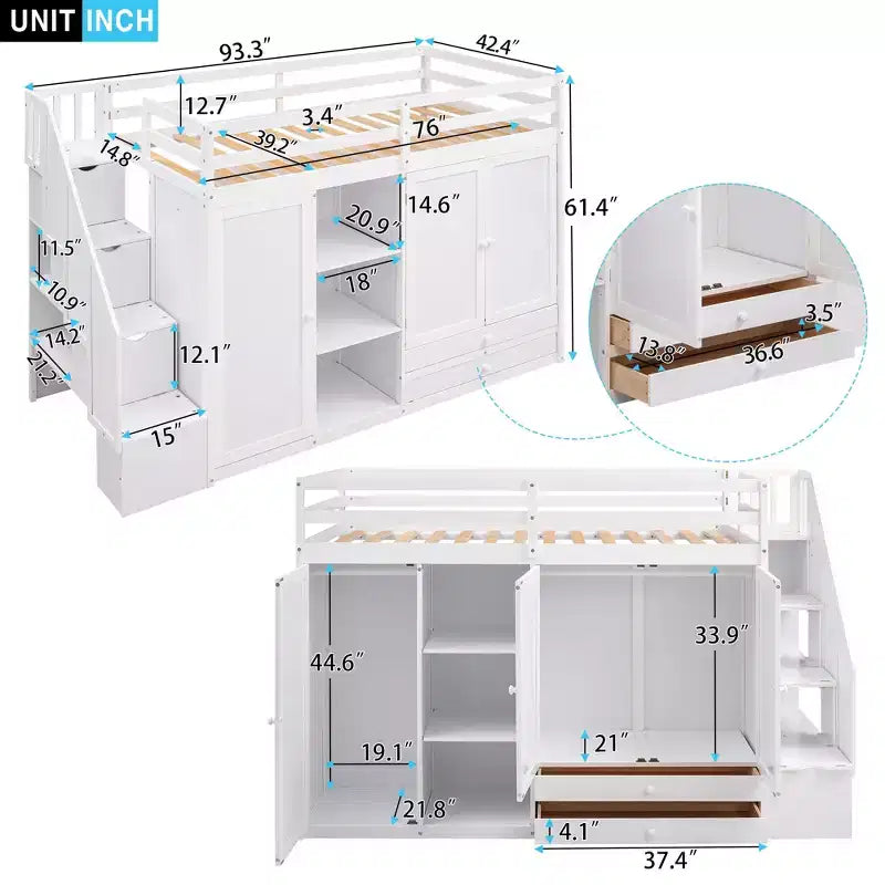 93.3" Functional Loft Bed with Wardrobes, Shelves, Drawers and Storage Ladder
