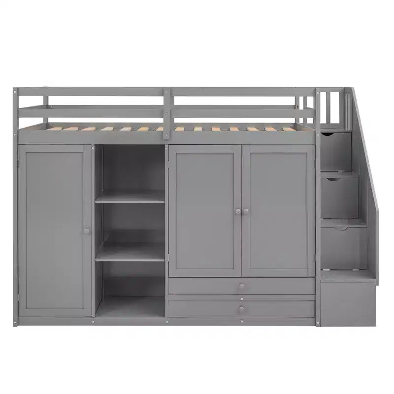 93.3" Functional Loft Bed with Wardrobes, Shelves, Drawers and Storage Ladder