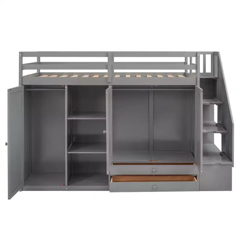 93.3" Functional Loft Bed with Wardrobes, Shelves, Drawers and Storage Ladder