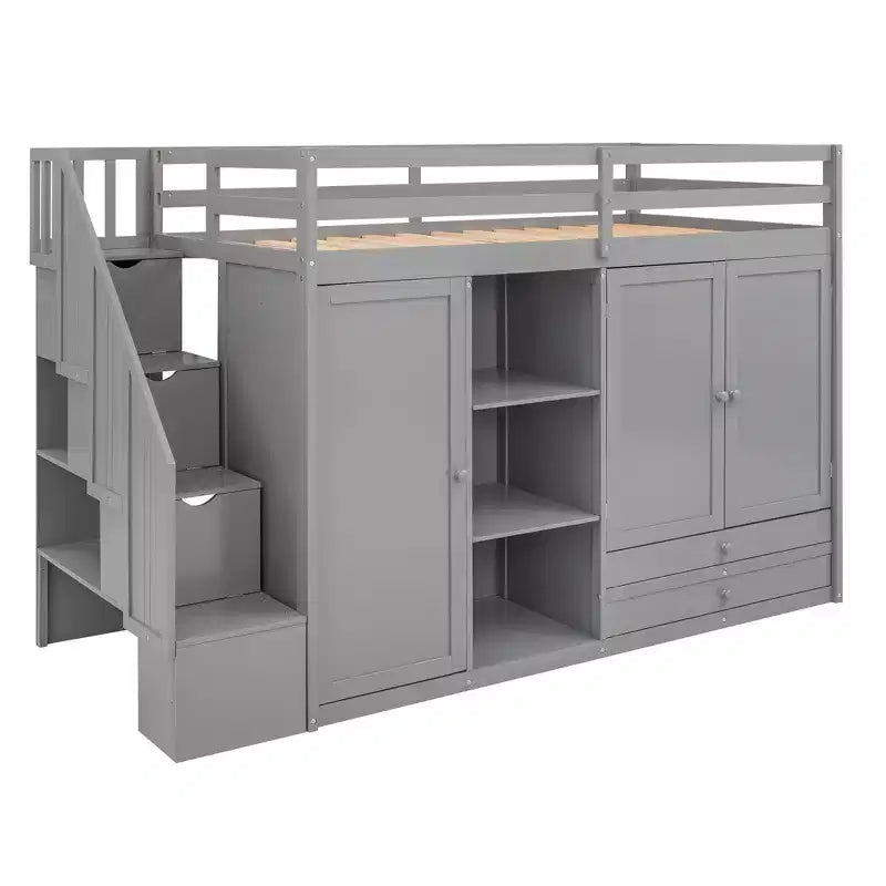 93.3" Functional Loft Bed with Wardrobes, Shelves, Drawers and Storage Ladder
