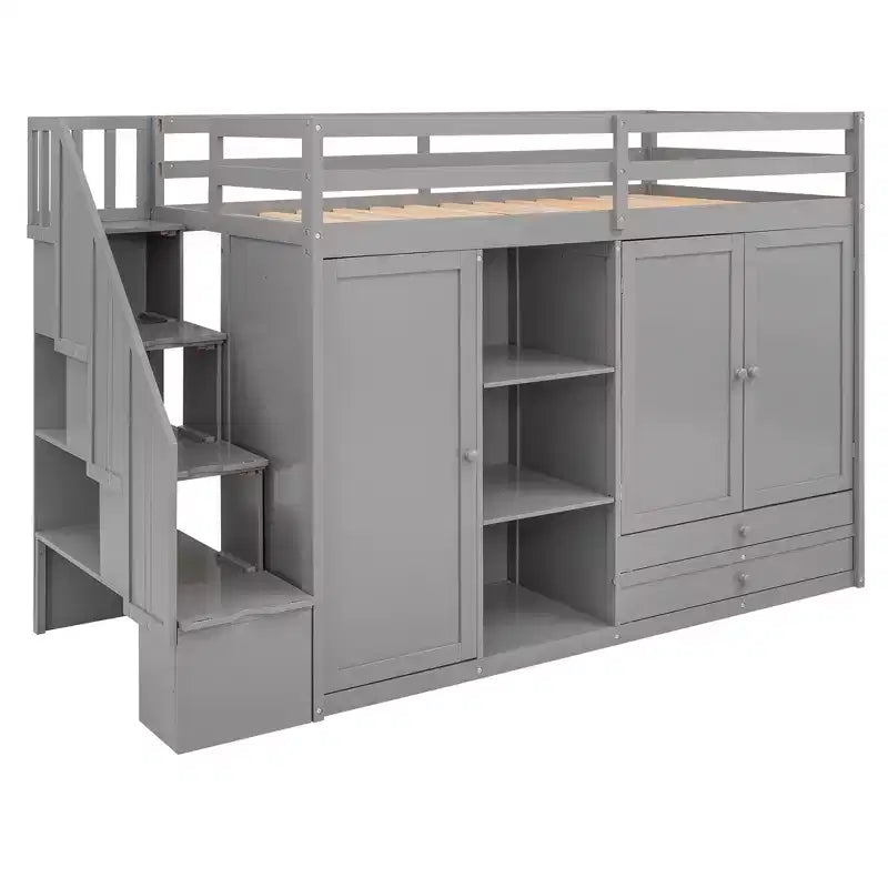93.3" Functional Loft Bed with Wardrobes, Shelves, Drawers and Storage Ladder