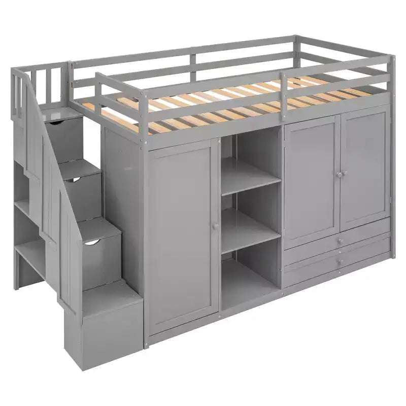 93.3" Functional Loft Bed with Wardrobes, Shelves, Drawers and Storage Ladder