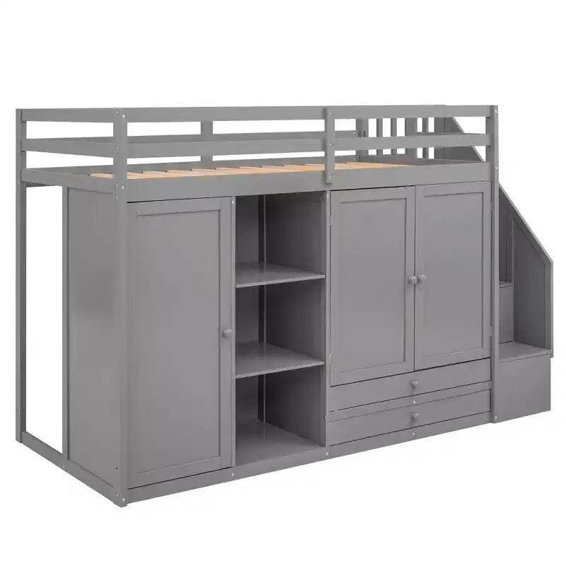 93.3" Functional Loft Bed with Wardrobes, Shelves, Drawers and Storage Ladder