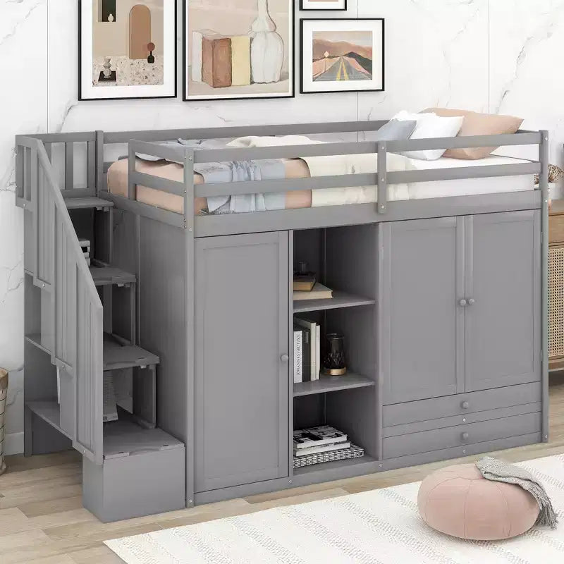 93.3" Functional Loft Bed with Wardrobes, Shelves, Drawers and Storage Ladder