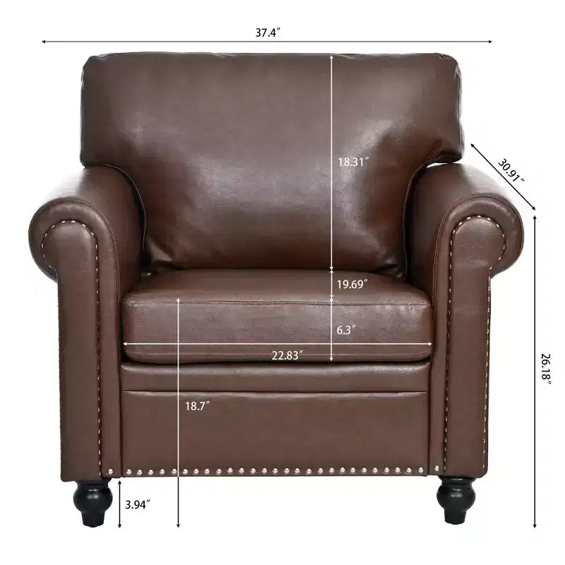84" Chesterfield PU Leather Sofa, 3-Seater with Rolled Arms and Nailhead Trim