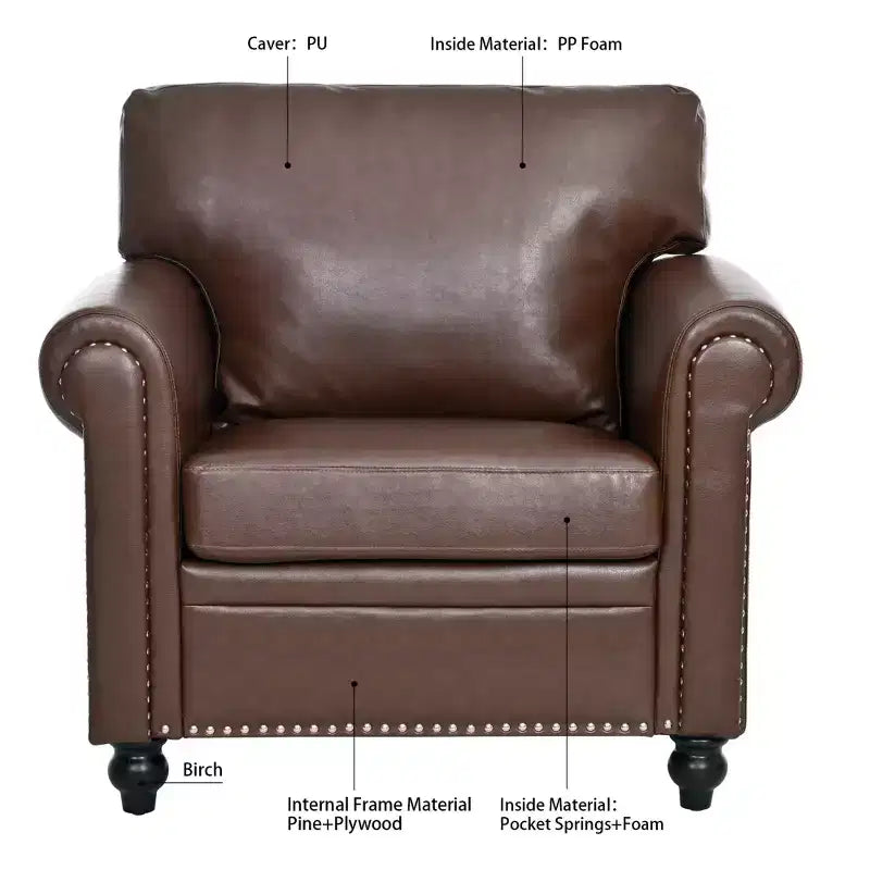84" Chesterfield PU Leather Sofa, 3-Seater with Rolled Arms and Nailhead Trim