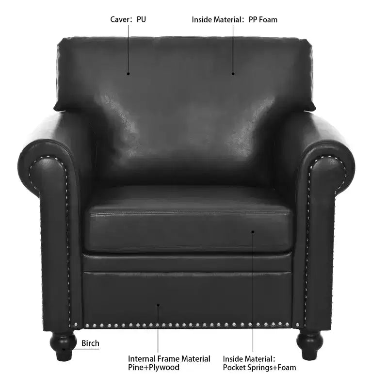 84" Chesterfield PU Leather Sofa, 3-Seater with Rolled Arms and Nailhead Trim