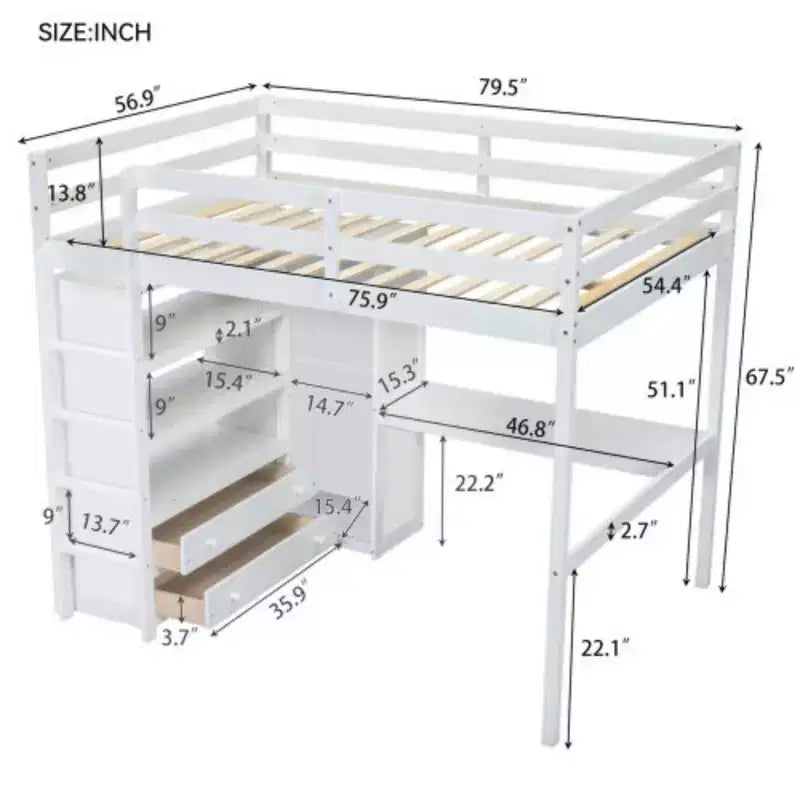 White Wood Full Size Loft Bed with Wardrobe, Desk, Shelves and Drawers